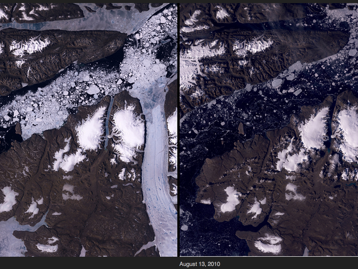 In August 2010, an iceberg more than four times the size of Manhattan broke off the Petermann Glacier in Greenland, probably the result of warmer water flowing up from the deep ocean.