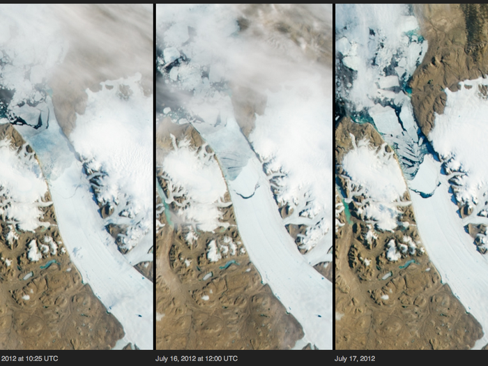 Two years later, in July 2012, an iceberg roughly the twice the size of Manhattan separated from the "tongue" of Petermann Glacier. The calving event happened farther upstream than previous ones in history, scientists said.