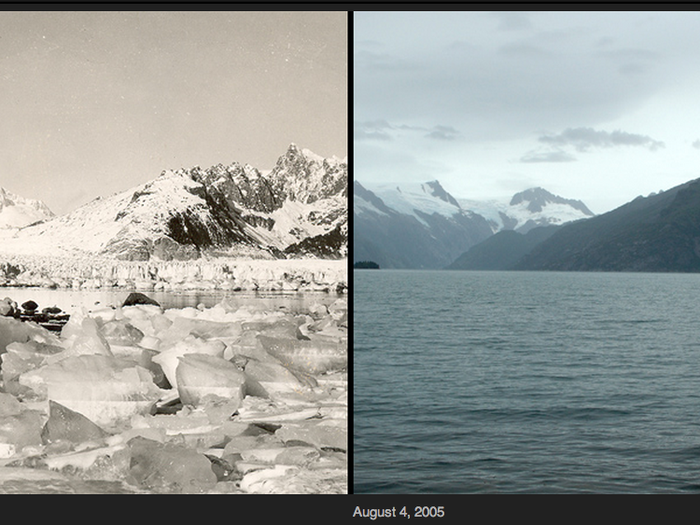 An image pair shows the disappearance of Northwestern Glacier in Alaska