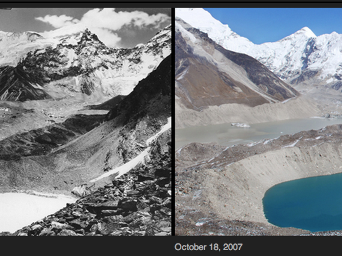 An image of Imja Glacier in the Himalayas taken in 2007 shows new melt ponds created by the dramatic retreat the glacier