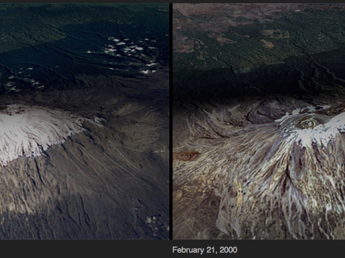 Before and after images show the decline of the icecap on Mount Kilimanjaro, a dormant volcanic mountain in Tanzania.