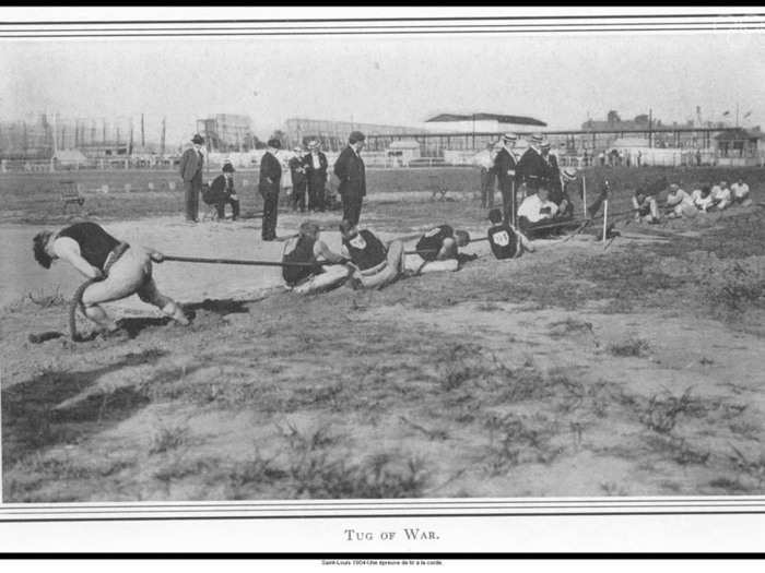 Tug-of-war, shown below, also stopped after the 1920 Olympics. American teammates representing the Milwaukee Athletic Club championed the event.