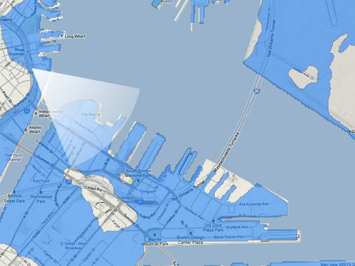 A map of Boston Harbor in 100 years if sea level rises 12 feet.