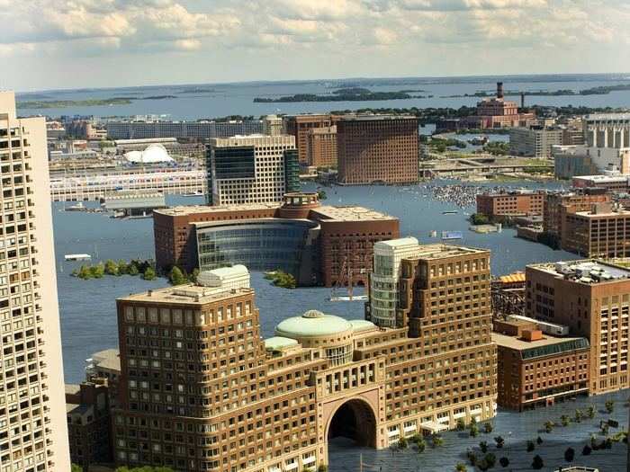 A real-life scene of Boston Harbor in 100 years if sea level rises 12 feet.