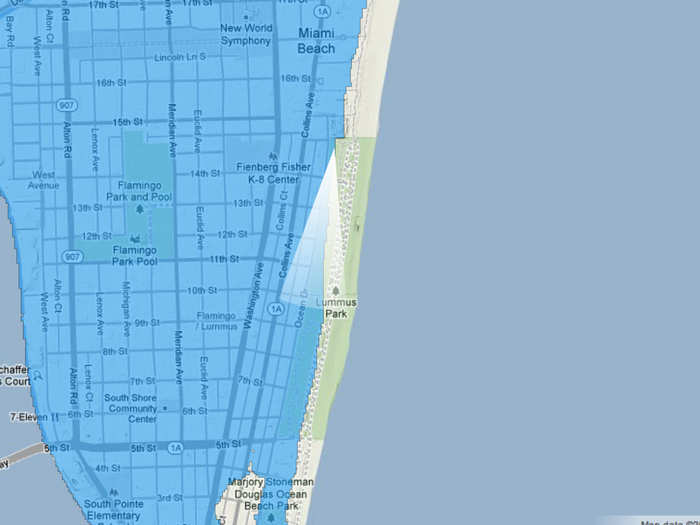 A map of Miami in 100 years if sea level rises 5 feet.