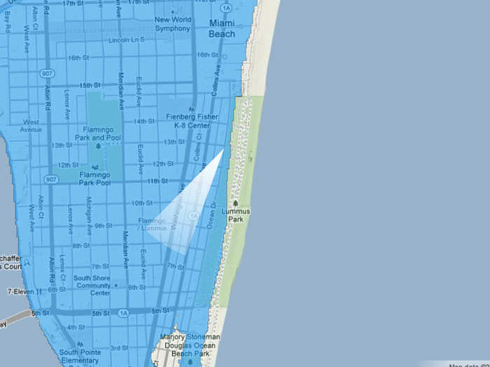 A map of Ocean Drive in 100 years if sea level rises 5 feet.