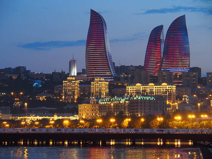 #6 FLAME TOWERS — The tallest skyscraper in Baku, Azerbaijan at 620 feet, these towers are completely covered with LED screens to make them look like giant torches of flickering flames at night.