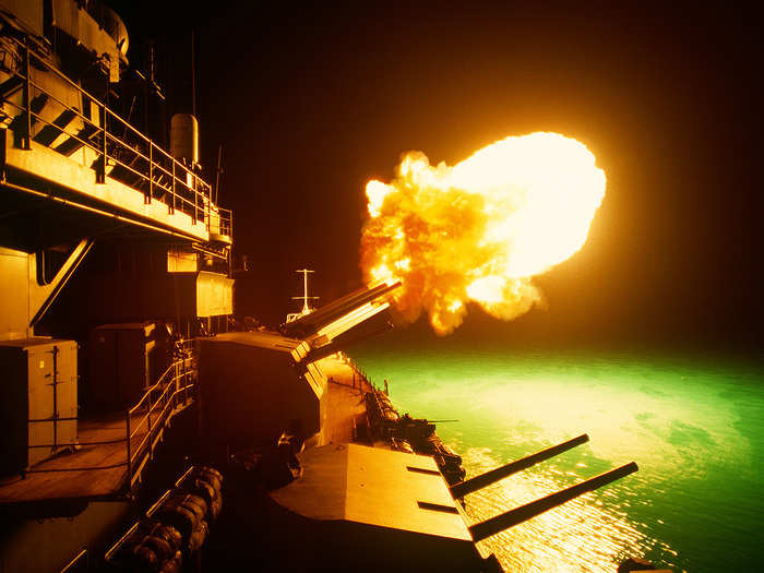 Operation Desert Storm, the U.S.-led mission to liberate Kuwait from Iraq, deployed 14 destroyers and 2 battleships. In 1991, the battleship USS Missouri fires at Iraqi targets stationed along the Kuwaiti coast.