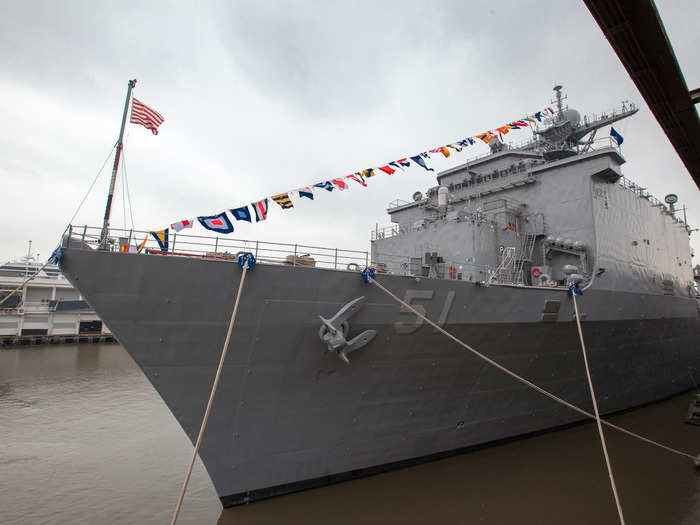 The Oak Hill is loaded with defense weapons. The ship is outfitted with two MK-38 machine guns for hitting high speed targets, two Phalanx CIWS "Gatling guns," six .50 cal machine guns, and two surface-to-air RAM missile mounts.