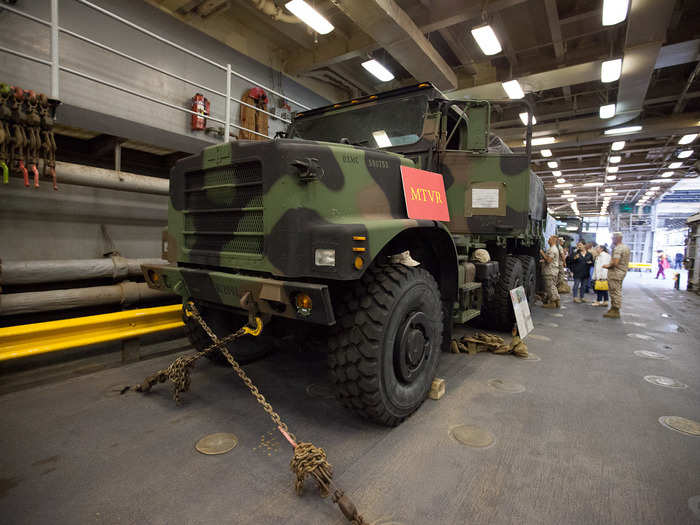 One of the most common vehicles on board is the Medium Tactical Vehicle Replacement (MTVR), an all-terrain vehicle used by the U.S. Marines for troop, fuel, water, and weapons transport. According to one marine, the truck is known as "The Truck Destroyer" and "The Pink Mist" because it can literally drive through anything (and turn it into "pink mist").