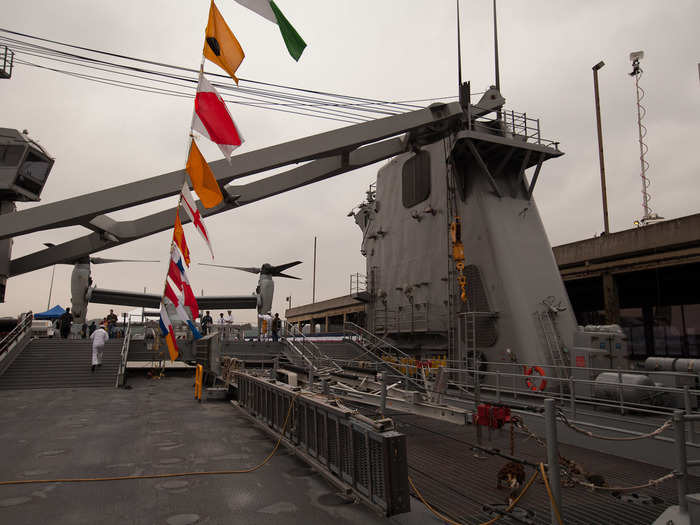 After the navigating the well-deck, we headed upstairs to the flight deck. The Oak Hill can carry two helicopters. Today, there is a V-22 Osprey, the largest aircraft that the Oak Hill supports.