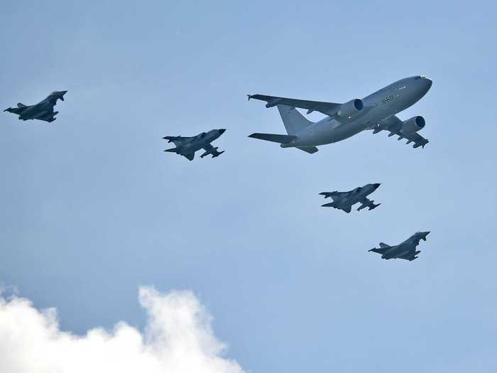 A Luftwaffe Airbus 310 MRTT was escorted by a convoy of Eurofighter Typhoons And Panavia Tornados.