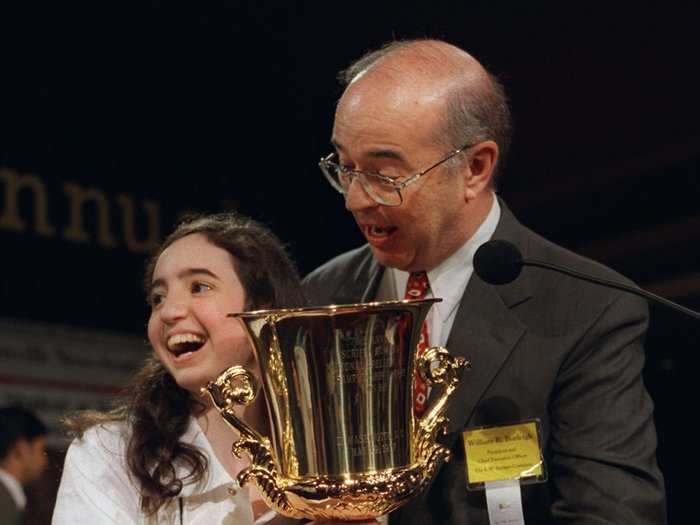 1997 winner Rebecca Sealfon is clearly the happiest girl on the planet after nailing "euonym."