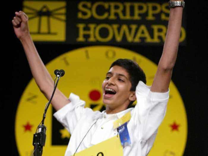 Sai R. Gunturi throws his hands in the air victorious in 2003 after spelling "pococurante."