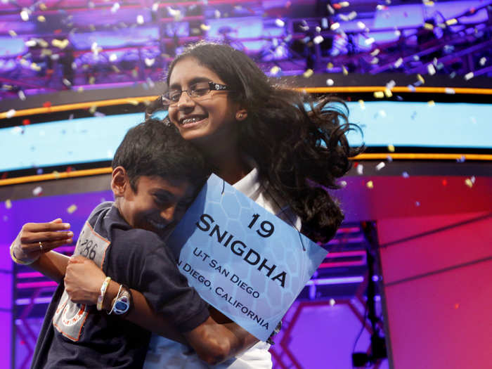 The winner of the 2012 Bee, Snigdha Nandipati, is delirious with joy after winning with "guetapens."