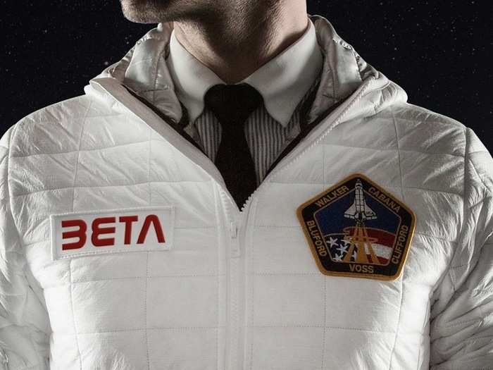 This jacket is perfect for the future space tourist. The stitching in the white Tyvek shell looks just like the paneling on the Space Shuttle.