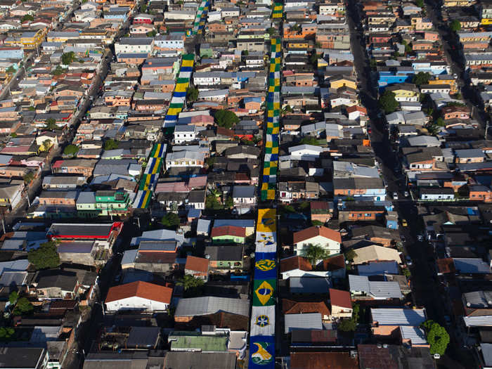 A neighborhood decorated for the World Cup.