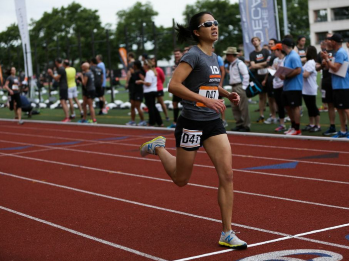 Stephanie Setyadi of Ares Asset Management finished the 400 meter run in 01:04.12 and the 800 meter in 02:46.90.