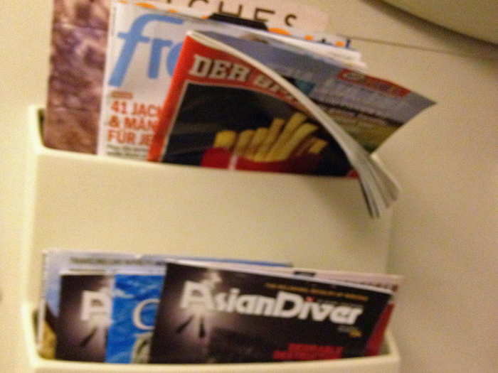 The airplane has nice touches like magazine racks filled with international publications for fliers to peruse.