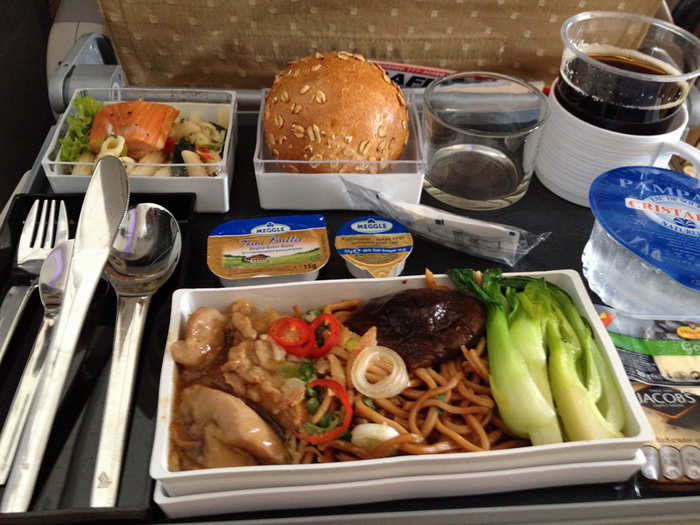 For lunch on the second leg of the trip (from Frankfurt to Singapore), I ordered the stir fried chicken with Chinese vegetables and noodles, which was tasty. I also appreciated small things, like the fact that they include real utensils (and not the flimsy plastic kind).