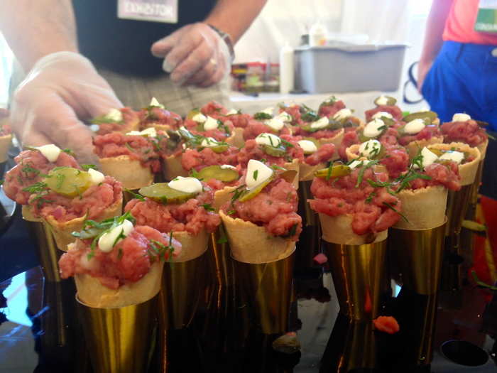 Certified Piedmontese beef tartare cones.