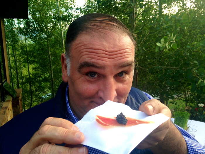 Chef José Andres showed off his famous jamón and caviar "taco" at his Wines from Spain party.