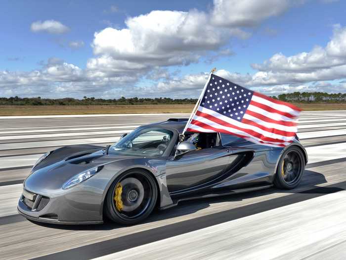 1. Hennessey Venom GT - 270 MPH: The million-dollar Venom GT returned the top speed crown back to America by shoehorning a beastly 1244 hp twin turbo V8 engine into a stretched Lotus-based chassis.