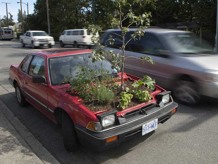 This car in Vancouver is part of a collaborative urban transformation program and has a garden growing where its engine should be.