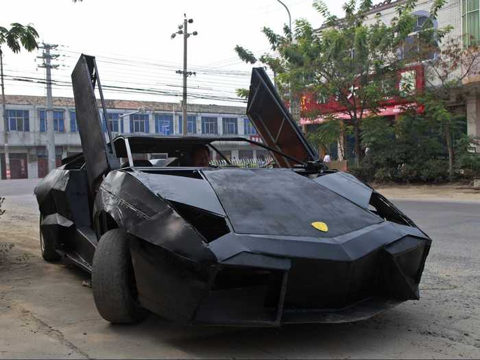 Wang Jian, a young Chinese farmer, used spare parts from a second-hand Nissan and a Santana to build this Batmobile-esque replica of a Lamborghini Reventon. It cost Wang about $9,450 to build and can go up to 160 miles per hour.