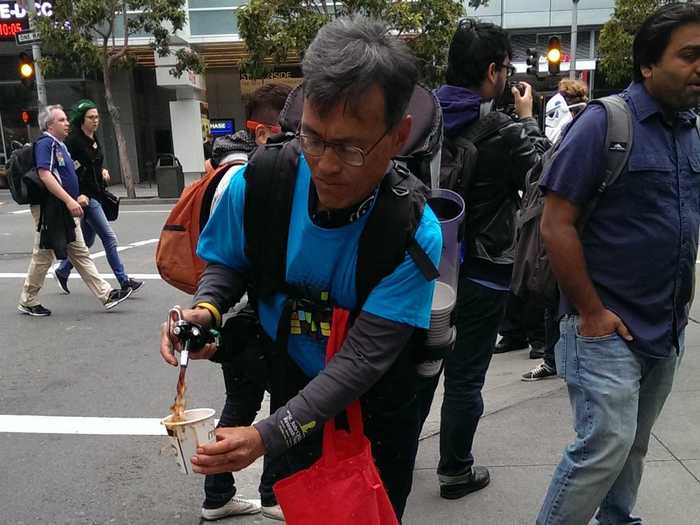 This guy was giving out Starbucks coffee from a backpack.