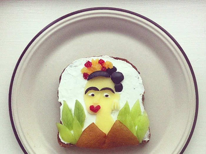 She started a series she calls "Art Toast," where she uses a piece of toast as a canvas for a classic piece, like this self-portrait by Frida Kahlo. "The art is a bit more difficult and time-consuming," she said. "I try to keep the spirit of the artwork, especially in terms of color use."