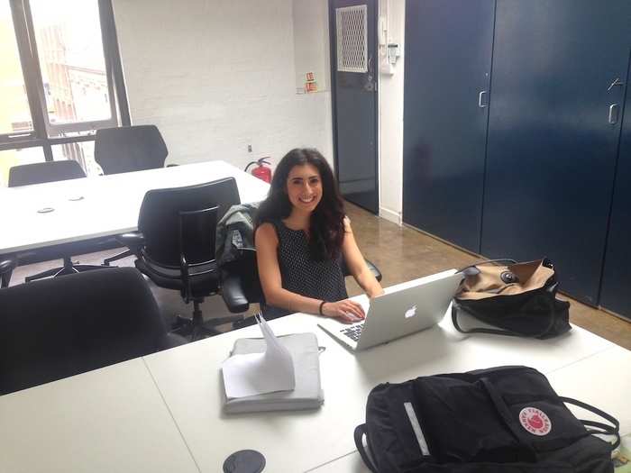 This is London editor Dina Spector, settling in at her new desk.