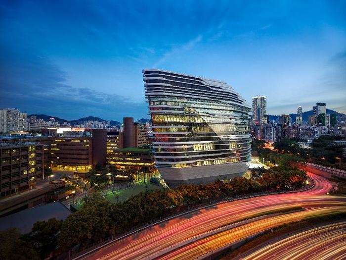 FINALIST (Asia & Australasia): Jockey Club Innovation Tower, Hong Kong. Standing only 234 feet tall, the new school of design building for the Hong Kong Polytechnic University has internal and external courtyards and athletic facilities.