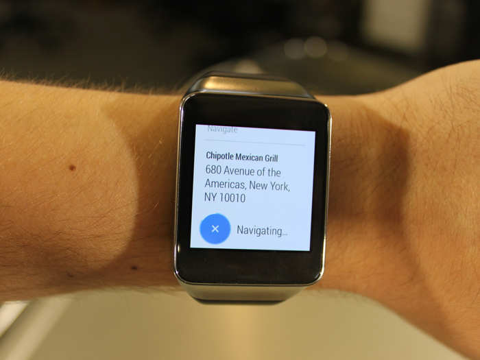 Android Wear can sync with Google Maps so you can get travel directions on your wrist. In this case, we asked: "How do I get to the nearest Chipotle?"