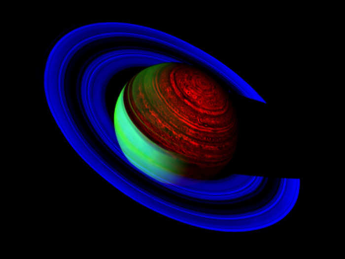 False color mosaic from 25 images of Saturn captures both nighttime, on the right side, and daytime conditions on the left side.