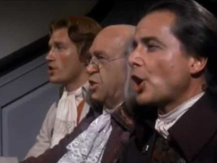 "1776" (1972): Benjamin Franklin and John Adams (William Daniels) peer-pressure Thomas Jefferson — in song and dance — to write the Declaration of Independence days before the 4th.