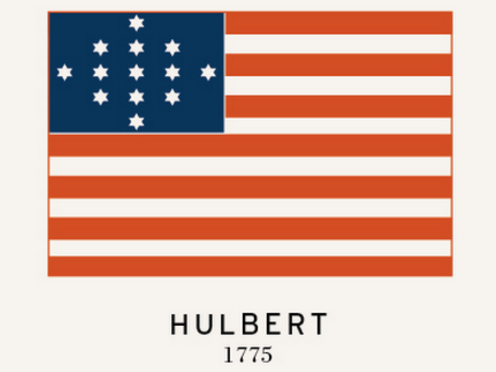 John Hulbert created this version in 1775. His company, the Third Regiment of New York, reportedly carried it. Its six-pointed stars are arranged in the cross of St. Andrew.