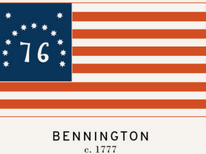 This version of the flag is associated with the American Revolution Battle of Bennington. Like other versions, it includes 13 stripes and stars but also the number "76," recalling the year the Declaration of Independence was signed.