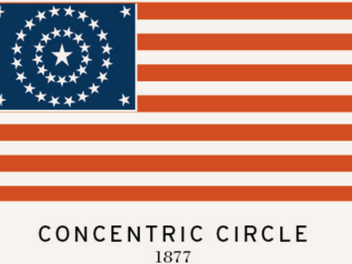 Concentric circle flags have many versions which usually depict circles of stars around a larger image in the center. The one below was displayed on the postage stamp in 1877.