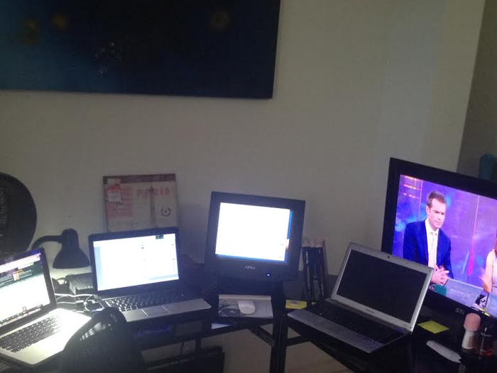 This desk comes from a trader in Brazil. He apparently likes to watch Bloomberg