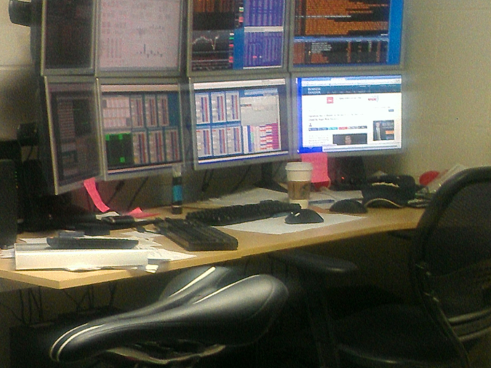 This desk belongs to a trader in New Jersey. You might notice the bike seat in the photo.