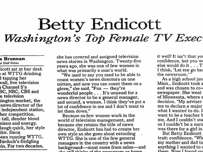 She introduced herself as Betty Endicott and she hired me as the weekend chyron operator.