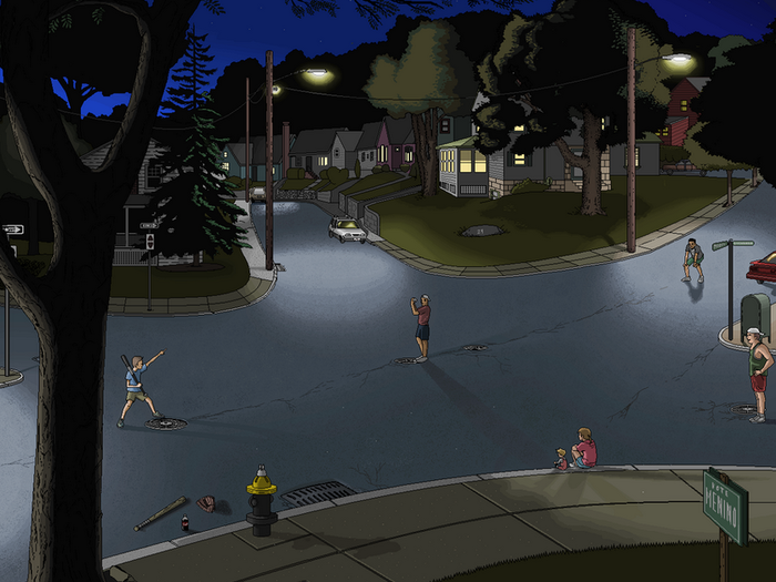 Hines created this image of the street where he grew up using MS Paint. "The intersection and manhole covers form a natural baseball diamond," he wrote.