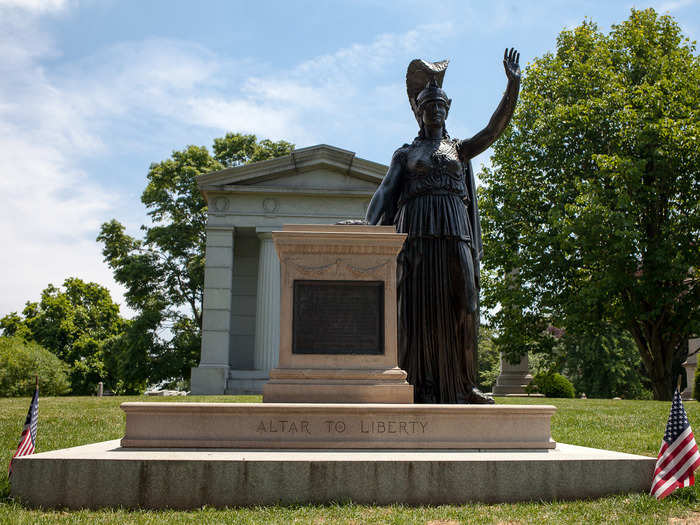 On the 144th anniversary of the Battle of Brooklyn, the cemetery unveiled a bronze sculpture of Minerva, the Roman goddess of wisdom. It was paid for by Charles Higgins, who made his fortune with Higgins India Ink. Behind the statue is his tomb.