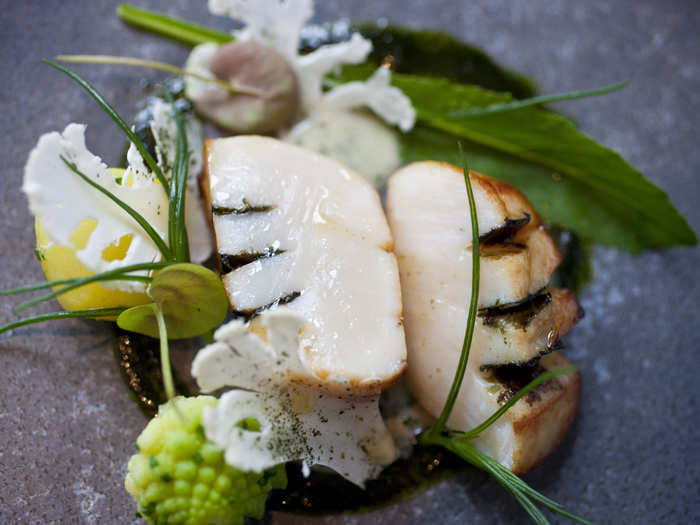 For the second course, the hand-dived scallops with seaweed and brassicas are a popular choice.