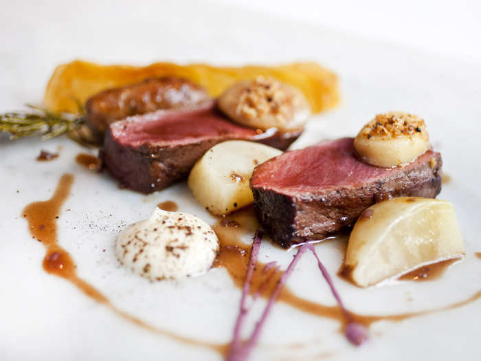 Another venison dish comes with roast parsnips, crisp potato, and a massive dollop of bone marrow.