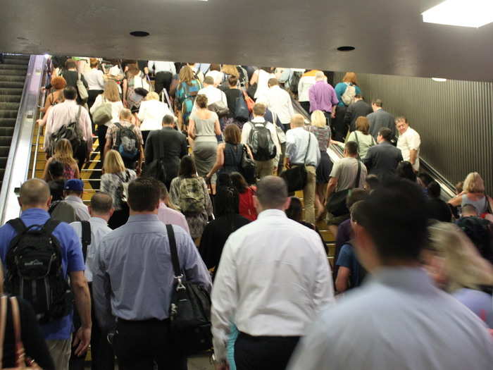 The station is almost constantly backlogged as commuters from various subway lines, NJ Transit, and the Long Island Railroad all push their way above ground.