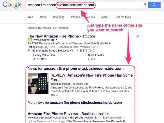 You can search within specific websites by using the operator "site: " For example, "site:businessinsider.com" will only search through BI
