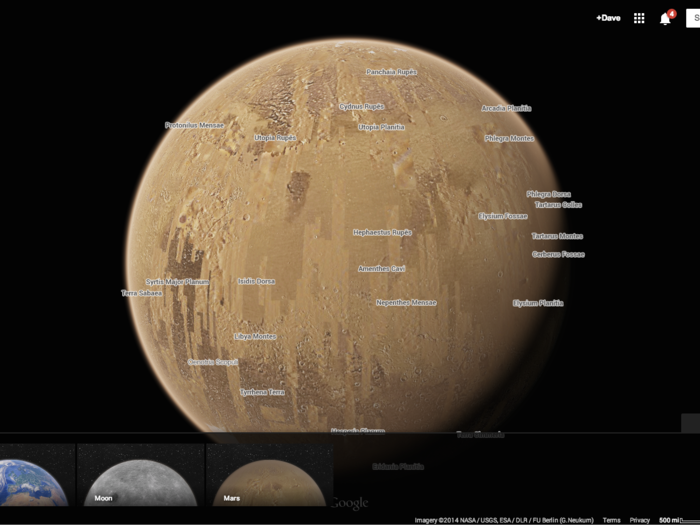 When you get a little bit closer, you can see some of the names of the geographical regions on the planet. Utopia Planitia, for example, is the name for one of Mars