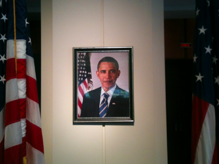 The inner plaza also features this photo. Presidential solidarity is another theme of the museum. Bill Clinton also makes an appearance, as you